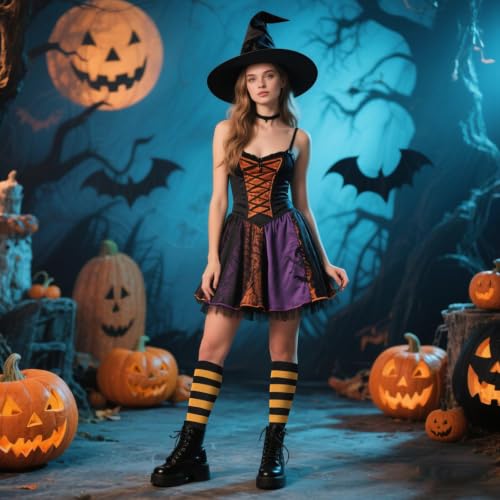 Junely Compression Socks for Women Knee High Striped Polka Dot Stockings - color: Black Orange
