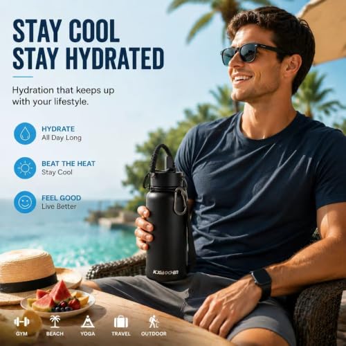 KXIAOCHEN Insulated Water Bottle with Strap, 48-Hour Cold, 2 Lids - color: Black, size: 32 Ounces
