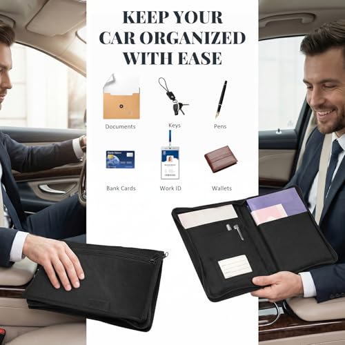 Car Registration Insurance Holder, Soft Zippered Auto Document Holder Glove Box Compartment Organizer, Multipurpose Oxford Cloth Car Storage Pouch for Licenses Cards Pens