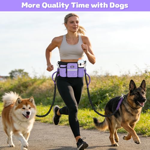 ETACCU Heavy Duty Hands Free Dog Leash with Zipper Pouch for Two Dogs, Waist Belt for Large Medium Dogs for Running, Walking, Jogging and Hiking, Dual Padded Handles and Durable Bungee (2 Dog Purple) - color: 2 Dog Purple