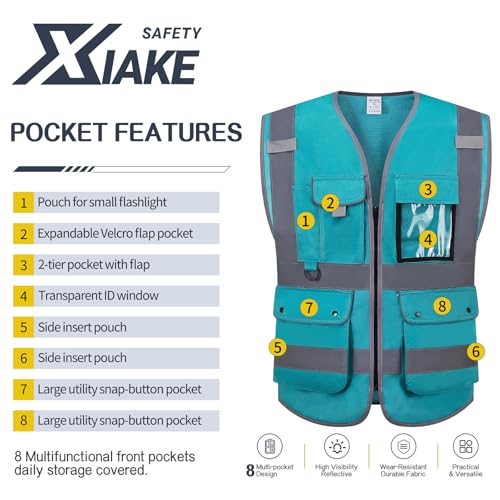 XIAKE Reflective Safety Vest for Men & Women High Visibility Class 2 Vest with Pockets Meets ANSI Standards - color: Lake Blue, size: Large