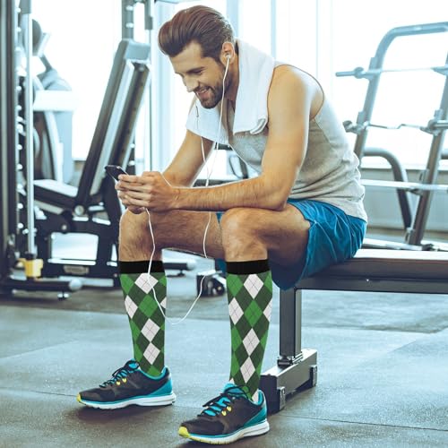 JUNZAN Buffalo Plaid Red Black Knee High Socks Compression Socks for Women Men Kid for Running Sports Nurse - color: Argyle Plaid Green St. Patrick's Day