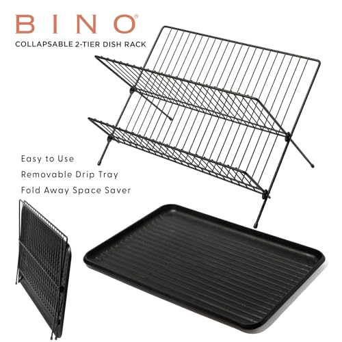 BINO 2-Tier Collapsible Dish Rack with Tray - Matte Black | Dish Drainer Kitchen Plate | Holders for Cups & Plates | Foldable Rack for Kitchen Countertop | Storage and Organization
