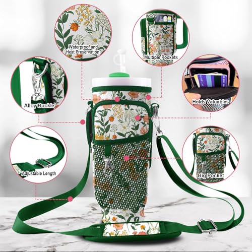 Stanley Carrier Bag for Stanley 40oz/30ozTumbler with Phone with 2 Adjustable Strap,3 Pockets Bottle Stanley Cup Carrier Bag & Case,Accessories for Hiking Travelling - color: Green Flower