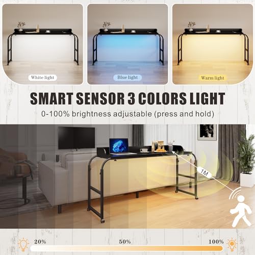 HWB Over Bed Desk with LED Light, Wheels & Charging Station, Black - color: Black