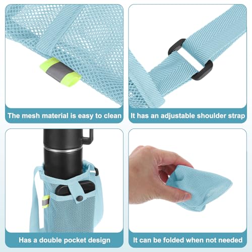 Uxcell Water Bottle Holder With Adjustable Shoulder Strap, Carrier Bag, Mesh Crossbody Carrier With Pocket for Sports, Hiking, Walking, Travel - color: Light Blue