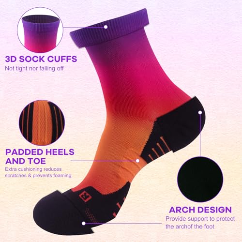 NIcool Cycling Socks For Men, 1/3 Pairs Bright Seamless Compression Running Crew Socks Youth Cushioned Tennis Quarter Socks - color: 1 Pair Blue Gradient; 1 Pair Purple Gradient;1 Pair Bright Pink Gradient