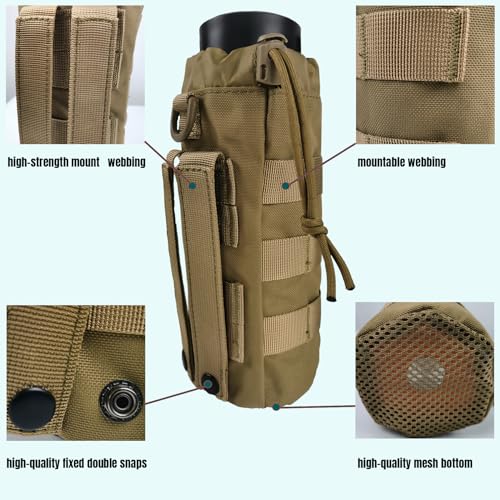 Tactical MOLLE Water Bottle Holder, Upgraded Water Bottle Pouch with Drawstring Open Top & Mesh Bottom, 16/24/25/32oz Water Bottle Carrier Bag with D-Ring Hook for Backpack - color: Brown