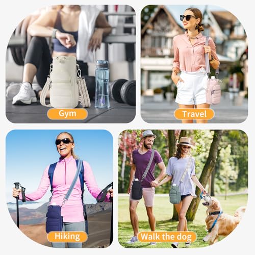 Water Bottle Bag 40 oz Crossbody Holder for Walking Hiking Insulated Carrier Purse with Adjustable Strap - color: Pink