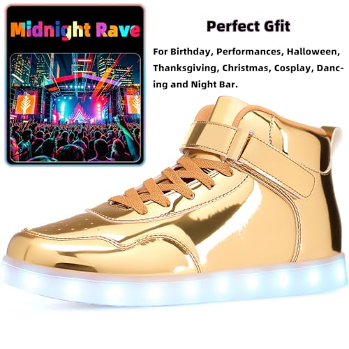 APTESOL Unisex Rechargeable LED Light Up Shoes Men Women High Top Sneakers - color: Gold, size: 6.5 Women/5 Men