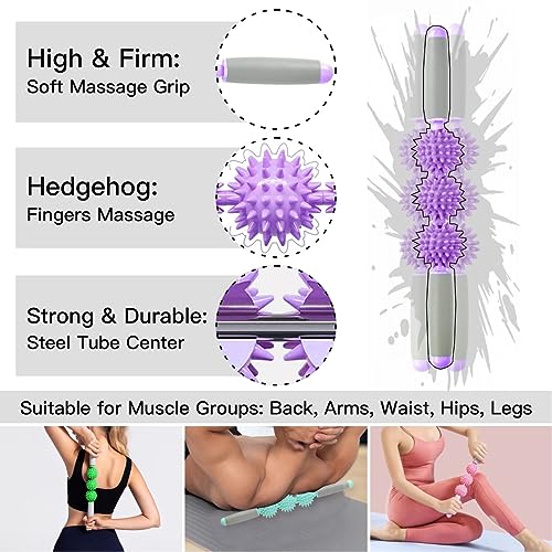 Fascia Muscle Roller, Cellulite Massager Fascia Roller for Cellulite and Sore Muscles, Neck, Leg, Back, Pressure Trigger Point Body Roller Deep Tissue Massage Stick Tools - 3 Massage Balls | Purple - color: Purple