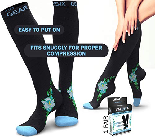 Physix Gear Compression Socks 20-30 mmHg - Men & Women - Running, Nurses, Shin Splints, Flight, Travel - color: Black/Blue Flower, size: Small-Medium