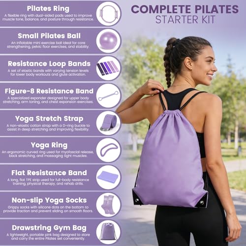 Pilates Kit for Women 13PCS, Pilates Ring Ball Resistance Bands Workout Set - color: Lavender