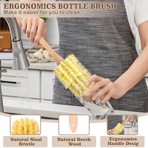 Bottle Brush Set - 6 Pack Sisal Bristle Natural Bottle Brush, All in One Bottle and Straw Brush Cleaning Set for Water Bottles, Glasses, Cups and Lid