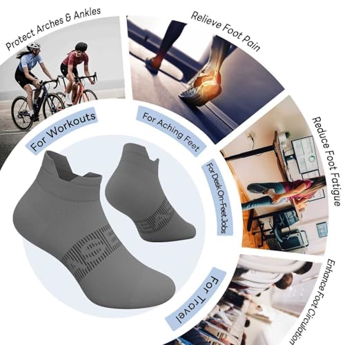 6 Pairs Ankle Compression Socks Women Men 15-20 mmHg Low Cut Athletic Running Arch Support for Travel Nurses Flight - color: Grey