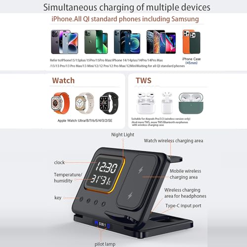IHAO 5in1 Multi Functional Wireless Charging Station Digital Clock 15W Fast Charging Temperature Display Wireless Charger for All Qi Phone and TWS Headphone Compliant with Apple Watch-DH15 Black - color: 5in1 wireless Charger Station D15 Black