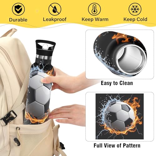 Football Fire Water Water Bottle Thermos Stainless Steel Vacuum Insulated Mouth Bottle with Wide Handle - color: Football Fire Water