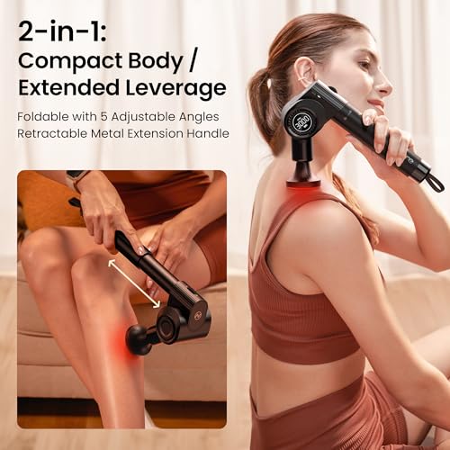 NAPRE Massage Gun with Heat,Deep Tissue Handheld Percussion Back Massager for Muscle/Neck/Body Pain Relief with Long Extension Retractable Handle,32-Speeds,Foldable,5 Adjustable Angles,with Carry Case - color: Classic Black