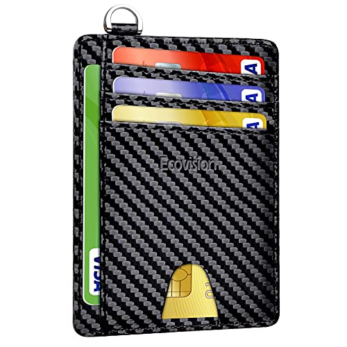 Slim Minimalist Front Pocket Wallet, RFID Blocking Credit Card Holder Wallet with Integrated D-Shackle for Men Women - color: Carbon Fiber Black