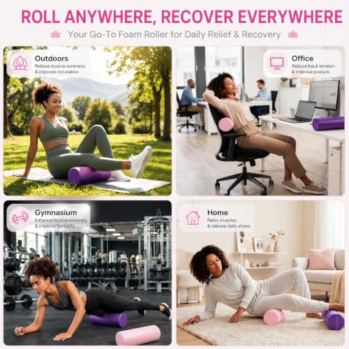 2 Pcs High-Density Epp Foam Roller 12"x6", Portable Round Roller with 2 Carry Bags for Pilates, Yoga, Muscle Recovery Set for Physical Recovery, Stretching, Legs, Back, Pink & Purple Roll