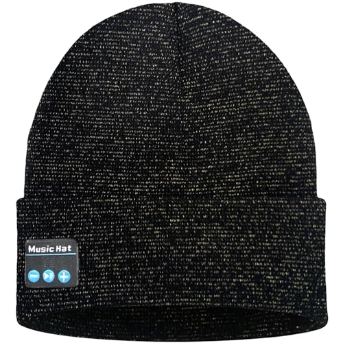 ATNKE LED Lighted Bluetooth Beanie Hat,USB Rechargeable 4 LED Wireless Music Running Headlamp Cap Gift for Men and Women - color: #Blended Black Goldwire