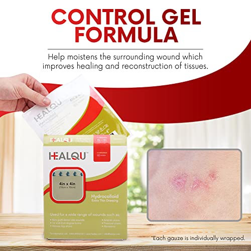 Healqu Hydrocolloid Wound Dressing - 4x4 Thin - Box of 10 Large Bandages - Sterilized Bordered Hydrocolloid Patches for Bed Sores, Abrasions, and More - Waterproof and Absorbent with Protective - size: 4x4" Thin - Box of 10