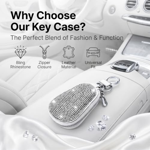Bling Premium Leather Car Key Chain Case, Zipper Remote Key Wallet Bag with Coin Pocket, Multi-Functional Key Fob Holder Purse for Auto Keys Coins Cards (White) - color: White