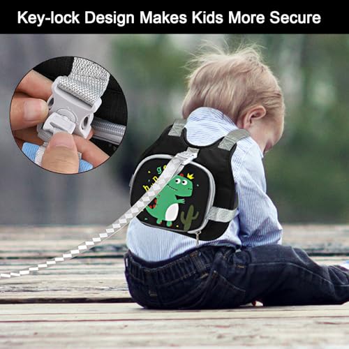 Accmor Toddler Harness Leash+ Anti Lost Wrist Link, Cute Dinosaur Kids Harness with Leash, Collapsible Child Leash Baby Walking Wristband Assistant Strap Belt for Boys - color: Black/Cute Tyrannosaurus Rex