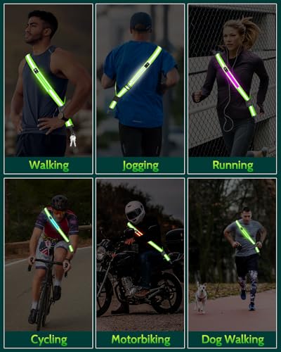 Fitense LED Reflective Belt Sash - 5 Lights Colors & 3 Light Modes High Visibility Night Safety Belt, Rechargeable Light Up Running Gear Adjustable Vest Straps for Runners Walkers Men Women - color: Green, style: Classic