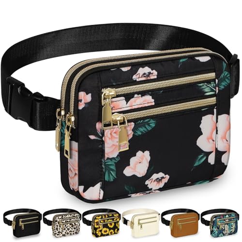 Capolo Fanny Packs for Women 4 Zip Pocket Crossbody Belt Bag Waist Bags - color: Black Flower, size: Large