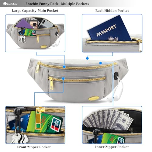 Entchin Water-Resistant Fanny Pack, 4-Zipper Belt Bag - color: Mini Grey