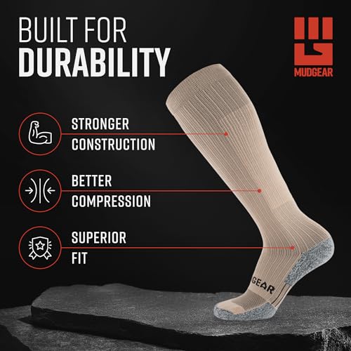 MudGear Graduated Compression Socks, Durable, Sweat-Resistant OCR Performance Socks with Cushioned Footbed, Made in USA - color: Coyote Tan, size: Medium