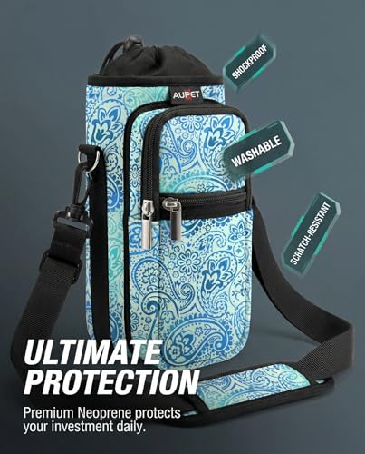 AUPET Water Bottle Sling Bag Sleeve Holder Carrier 25/32/40/64 oz,Insulated Crossbody Water Bottle Case Cover with Strap and Pockets for Men/Women Walking Hiking - color: blue feather, size: 25oz