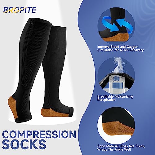 bropite Zipper Compression Socks Women & Men - 2Pairs Calf Knee High 15-20mmHg Open Toe Compression Stocking suit for Walking - color: Black/Beige Copper Open Toe, size: Large-x-large