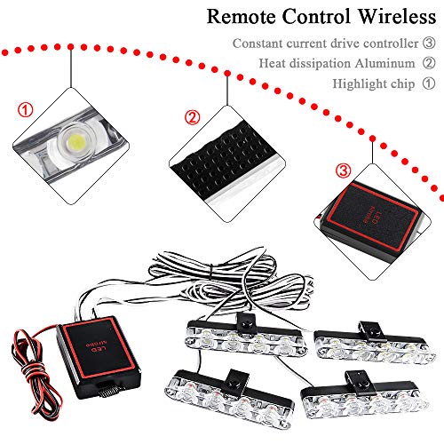 4x4 LED 4 in 1 Surface Mount Grill Light DC12V Wireless Remote Emergency Flashing Beacon Lamp Ambulance Police Light Strobe Warning External Light for Truck Trailer Caravan Van (Red White) - color: Red & White, size: 4 in 1