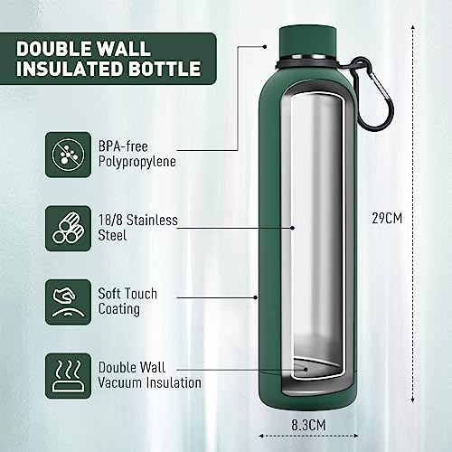 Exllena Slim Insulated Water Bottles for Travel 32oz with Clip, Double Wall Vacuum Stainless Steel Water Bottle Keeps Drinks Cold 24 Hrs/Hot 12 Hrs, 100% Leakproof, BPA Free(Emerald Green) - color: Emerald Green, size: 1 L