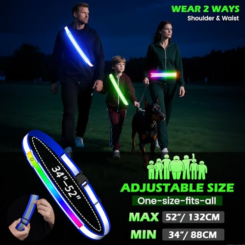 Reflective Sash Gear for Walking at Night,Flashing LED Reflective Belt Safety Lights for Walkers Night Dog Walking Biking Running,High Visibility Rechargeable With Wear 2 Ways for Men Women - color: Blue