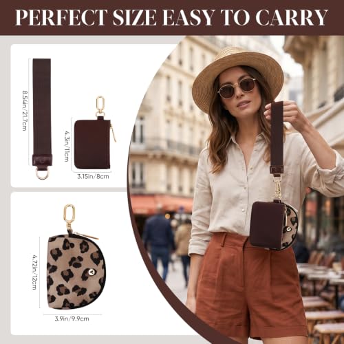 VUTUXA KeyChain Wallet Wristlet For Women Mini Zip Dual Pouch Coin Purse - color: Brown leopard + brown