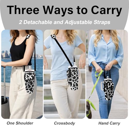 Water Bottle Carrier Bag for Stanley Cup 40/30oz, Neoprene Water Bottle Holder Pouch with 3 Pocket Adjustable Shoulder & Hand Strap - color: Cute Cow Print
