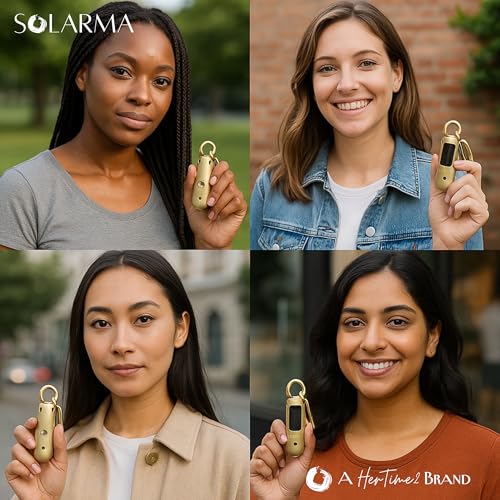 HerTime2 Personal Safety Alarm for Women - Loud Self Defense Siren, Waterproof Keychain with Strobe Light - Solar Rechargeable, Gold - color: Gold, style: Solar Rechargeable