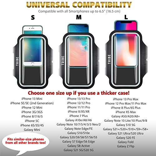 TRIBE Water Resistant Cell Phone Armband Case Running Holder for iPhone Pro Max Plus Mini SE (13/12/11/X/XS/XR/8/7/6/5) Galaxy S Ultra Plus Edge Note (21/20/10/9/8/7/6/5) Adjustable Strap & Key Pocket - color: Black, size: S: iPhone Mini/8/7/6/5/4/3/SE/Ga