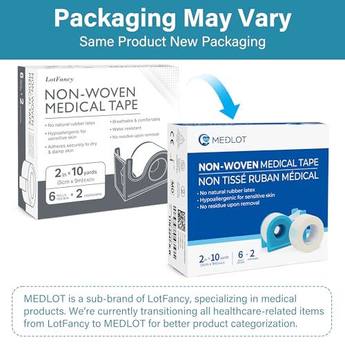 LotFancy Medical Tape, 6Rolls 2inch x 10Yards, Adhesive Hypoallergenic Surgical Paper Tapes, Wound First Aid Tape, 2 Dispensers Included - size: 2 Inch x 10 Yard (6 Pack + 2 Dispensers)