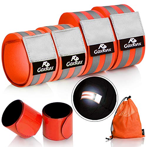GoxRunx Reflective Bands Running Gear 6 Pack-Adjustable Reflective Armband Arm Wrist Ankle Leg Bands Reflectors -Reflective Tape Straps for Clothing Night Running Cycling Walking -Slap Bracelets - color: Orange