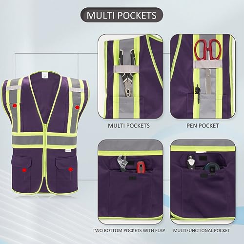 High Visibility Reflective Safety Vest with Zipper and Pockets Purple,M - color: Purple, size: Medium