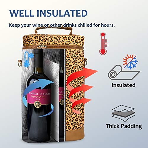 Tirrinia 2 Bottle Insulated Wine Tote Carrier Bag - color: Cheetah, size: 2 Bottle-without front pocket