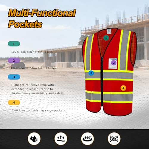 High Visibility Vest 5 Pockets Safety Vest with Zipper, Red S - color: Red, size: Small