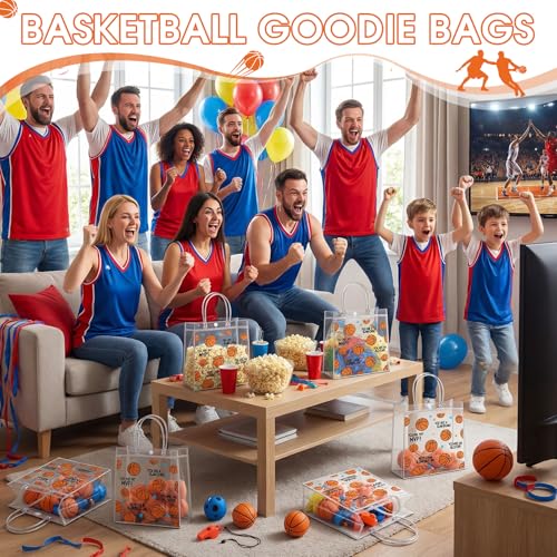 Aliceset 12 Pcs Basketball Gift Bags Bulk Transparent Basketball Goodie Bags with Handles Reusable PVC Gift Totes for Game Day Sports Birthday Parties Team Events Gifts Treat - style: Basketball