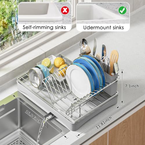 ANTOPY Dish Drying Rack Stainless Steel Dish Rack for Kitchen Counter, Rustproof Dish Drainer with Removable Cutlery Holder Self-Draining Drainboard, Compact Drying Rack Kitchen, 16.5''Lx11.8''W, Gray - style: Counter (Medium)