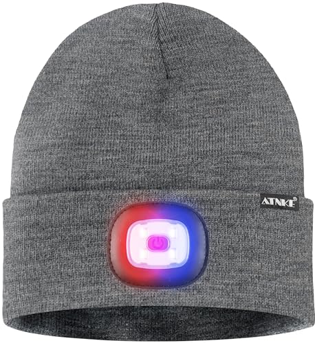 ATNKE LED Lighted Beanie Hat,USB Rechargeable 4 LED Red and Blue Flashing Running Headlamp Cap Gifts for Men and Women - color: #Grey
