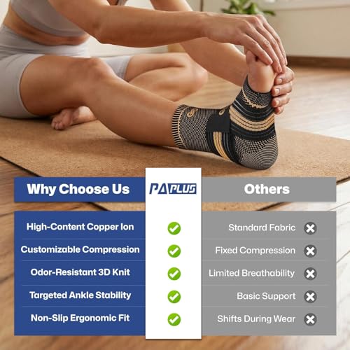 PAPLUS Ankle Brace for Women & Men, Copper Infused Foot Compression Sleeve - size: Large